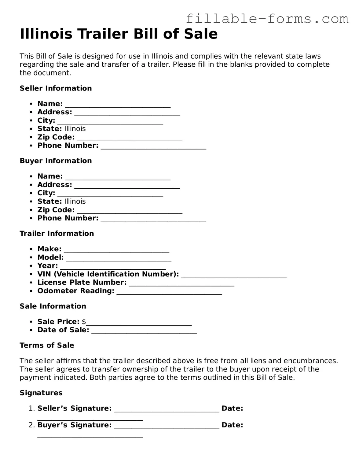 Printable  Trailer Bill of Sale Form for Illinois