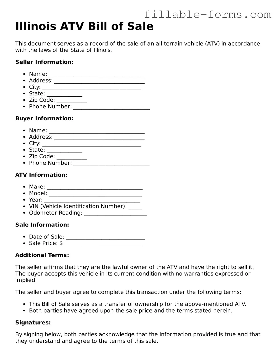 Printable  ATV Bill of Sale Form for Illinois