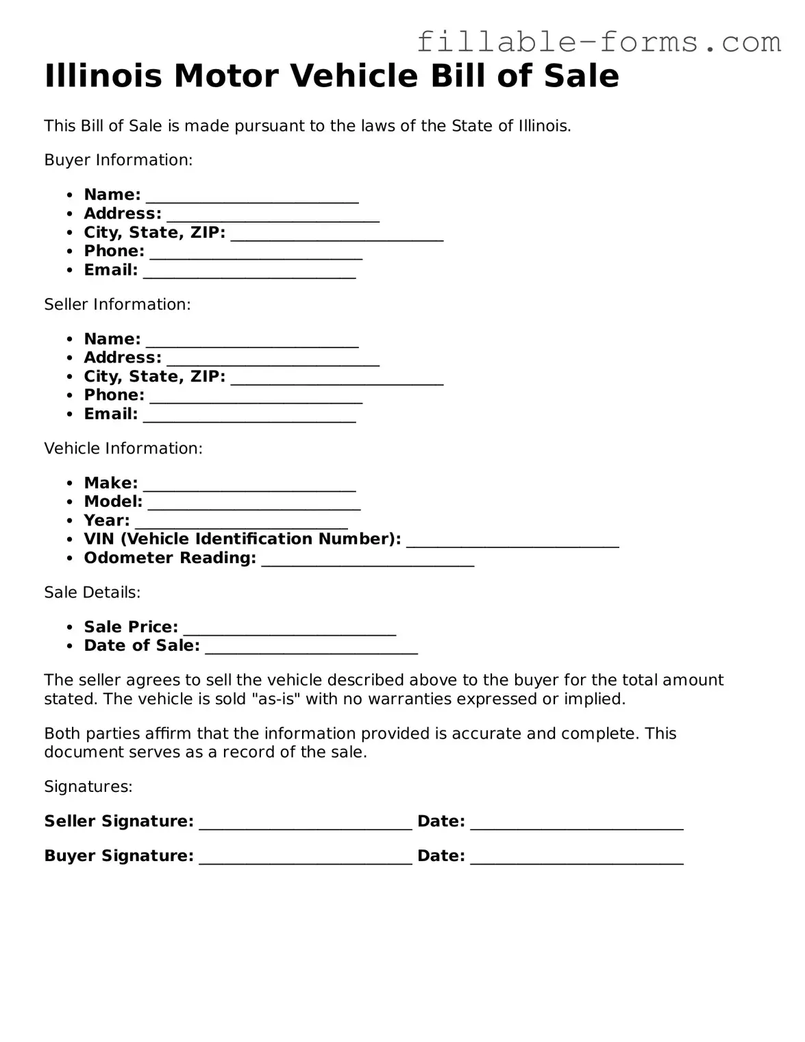 Printable  Motor Vehicle Bill of Sale Form for Illinois