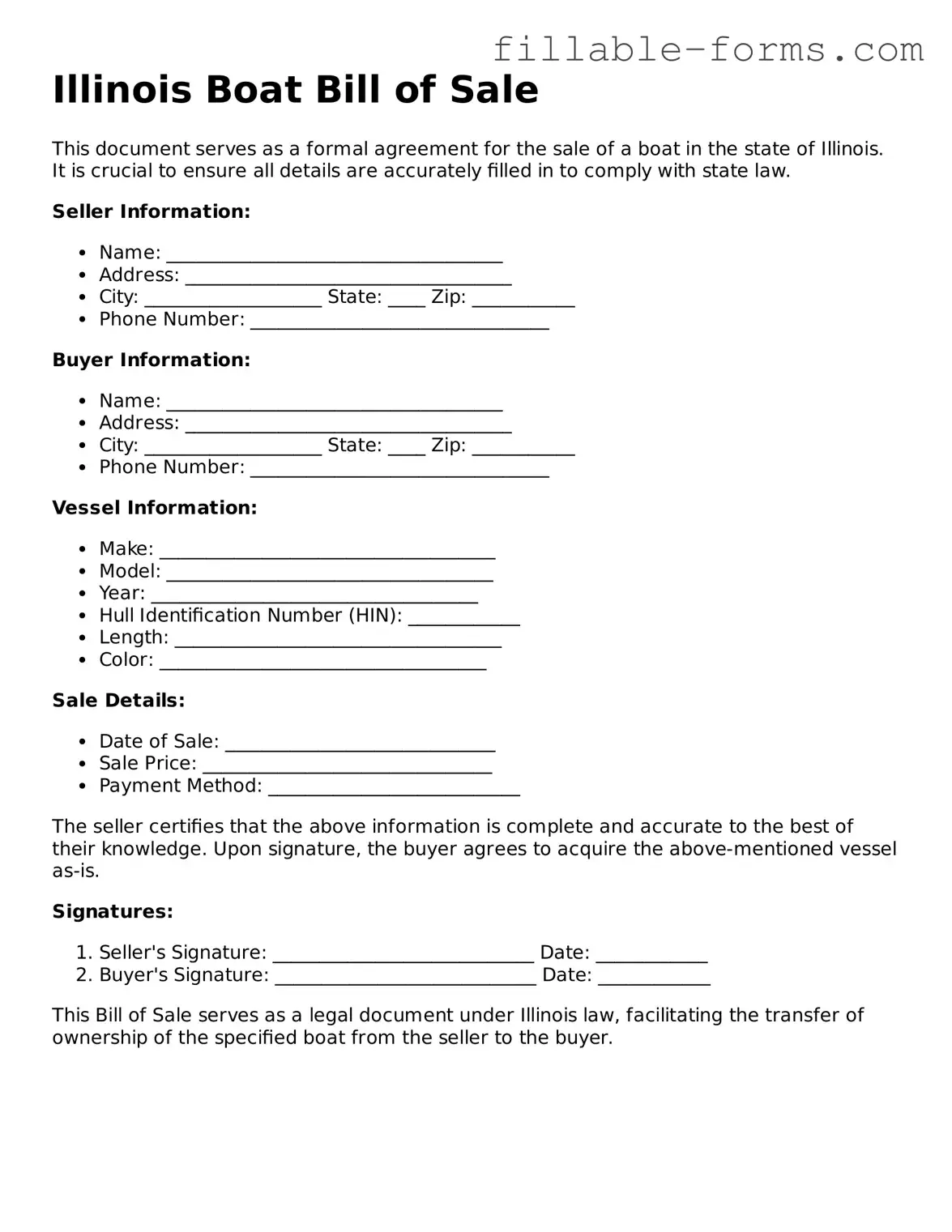 Printable  Boat Bill of Sale Form for Illinois