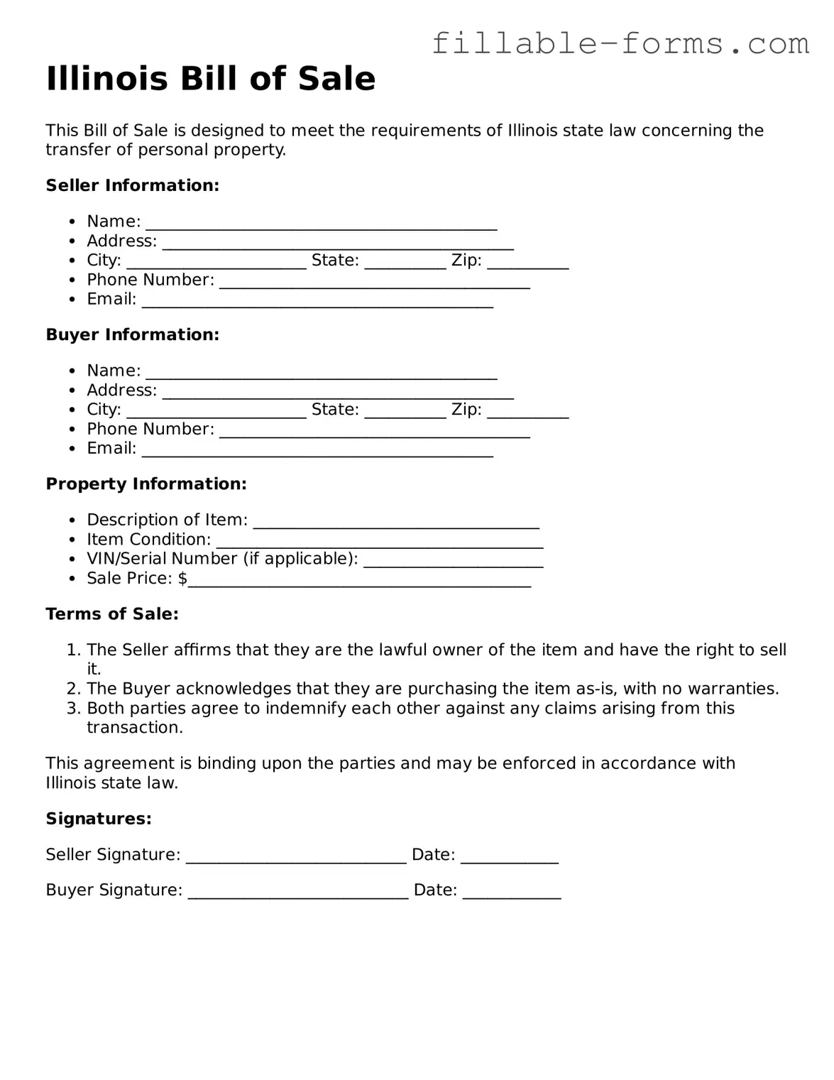 Printable  Bill of Sale Form for Illinois