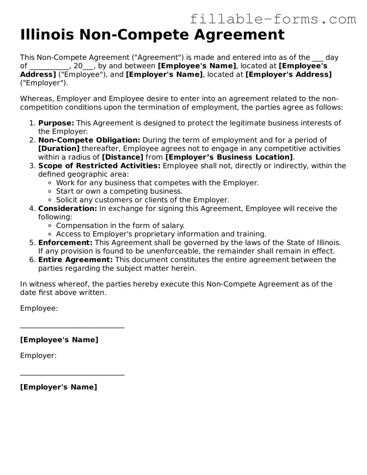 Printable  Non-compete Agreement Form for Illinois