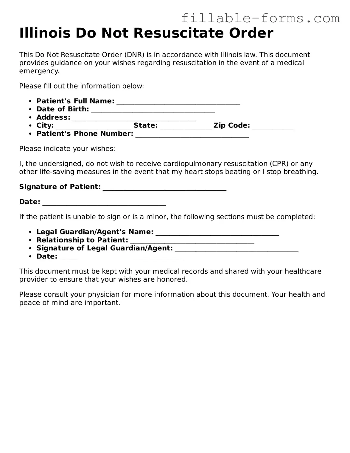 Printable  Do Not Resuscitate Order Form for Illinois