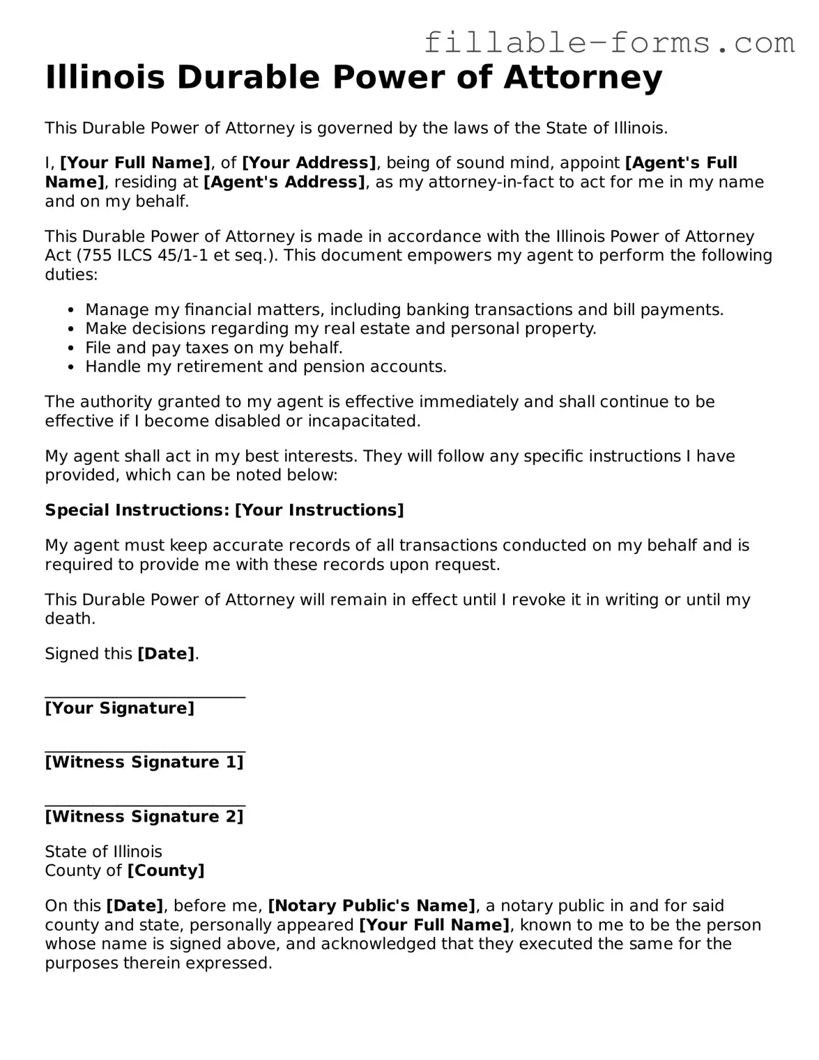 Printable  Durable Power of Attorney Form for Illinois