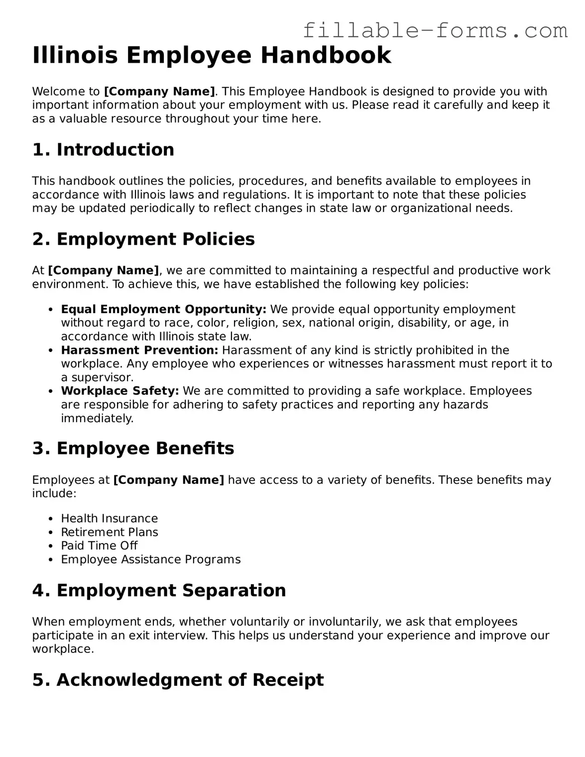 Printable  Employee Handbook Form for Illinois