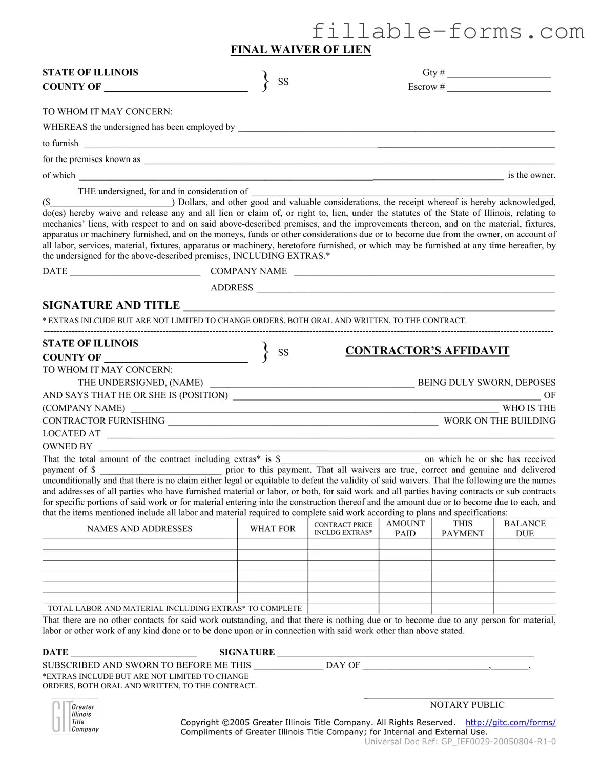 Fill Out a Valid Illinois Final Waiver Of Lien Template