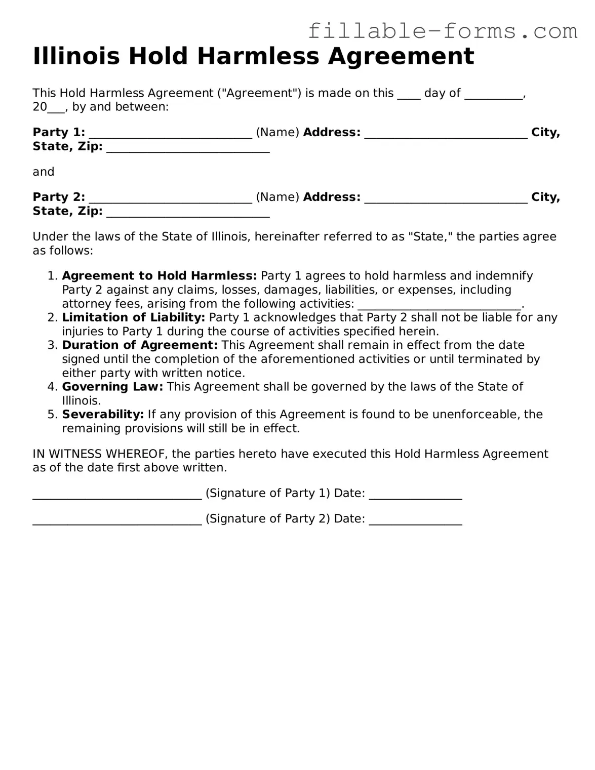 Printable  Hold Harmless Agreement Form for Illinois