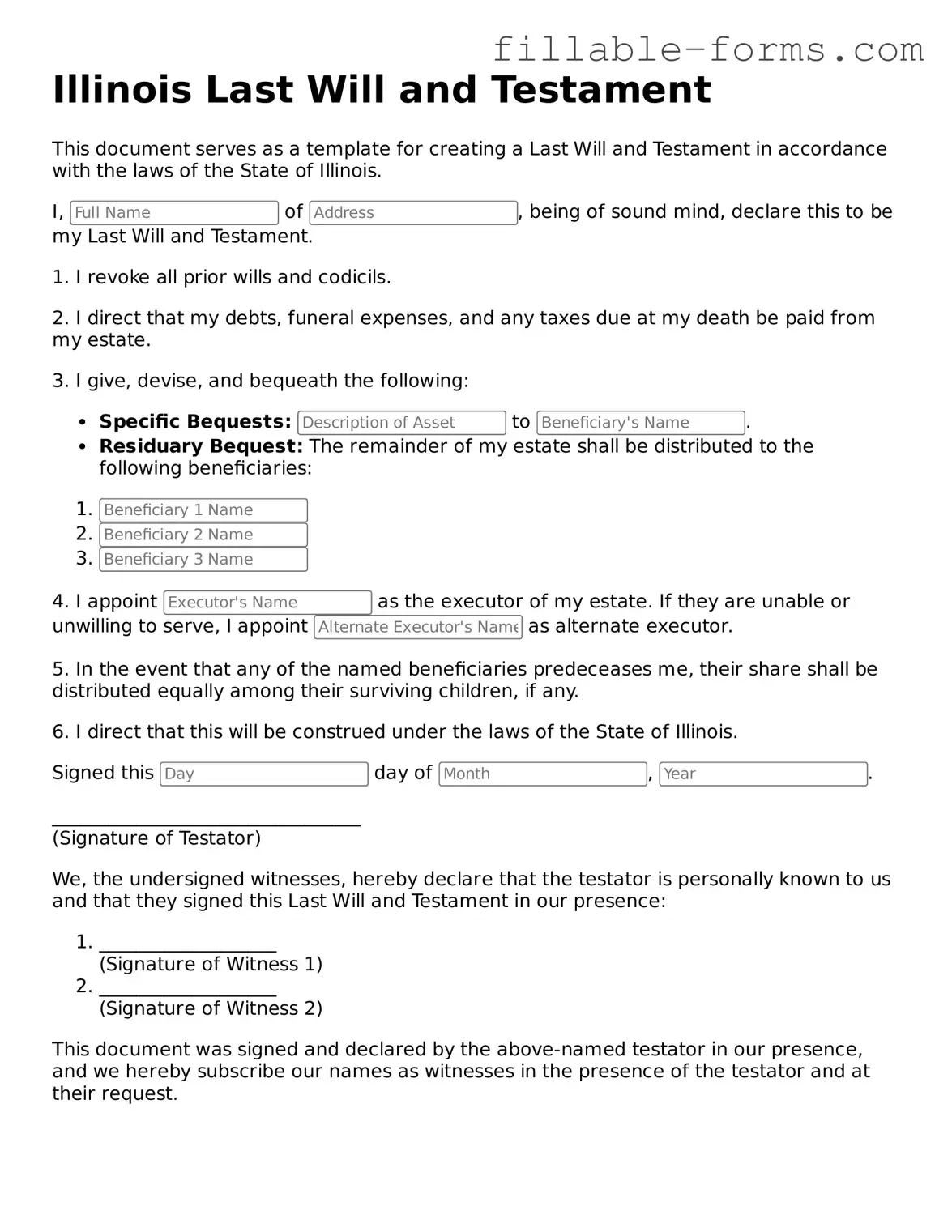 Printable  Last Will and Testament Form for Illinois