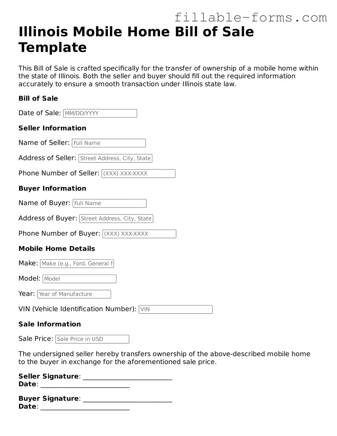 Printable  Mobile Home Bill of Sale Form for Illinois