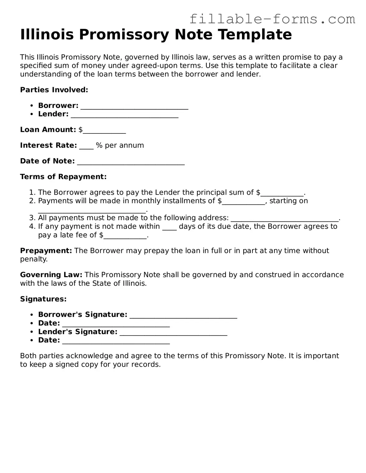 Printable  Promissory Note Form for Illinois