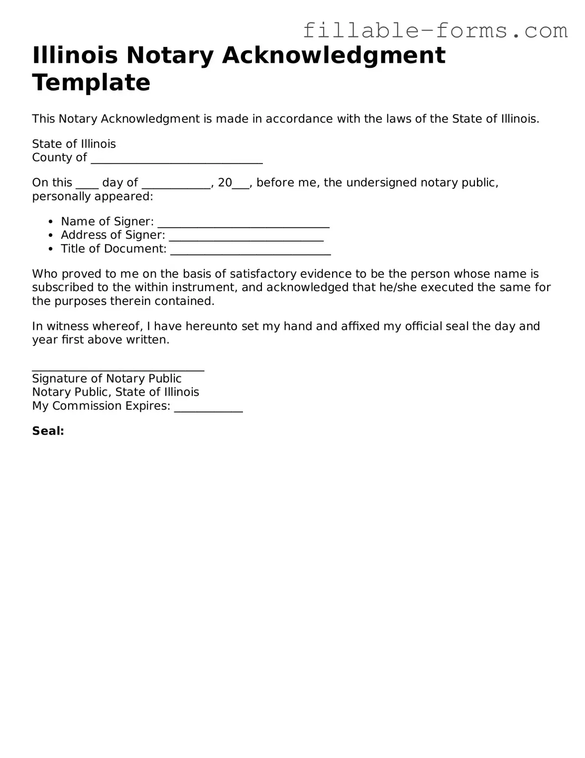 Printable  Notary Acknowledgement Form for Illinois