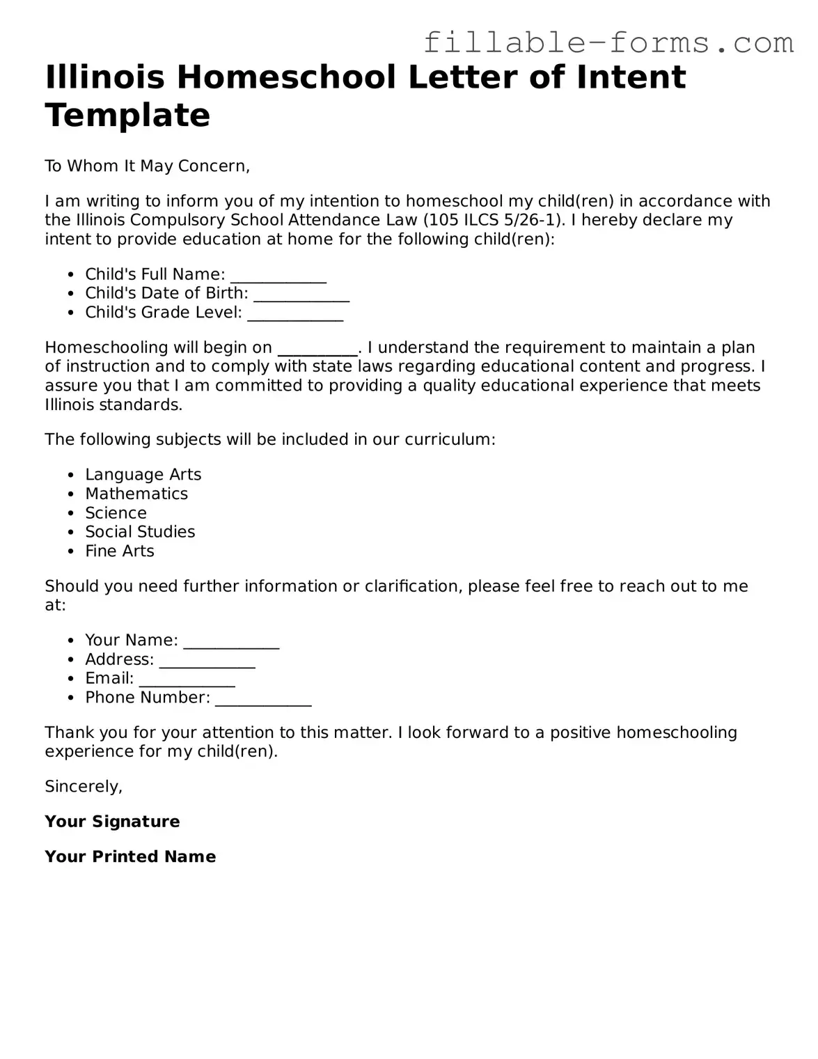 Printable  Homeschool Letter of Intent Form for Illinois