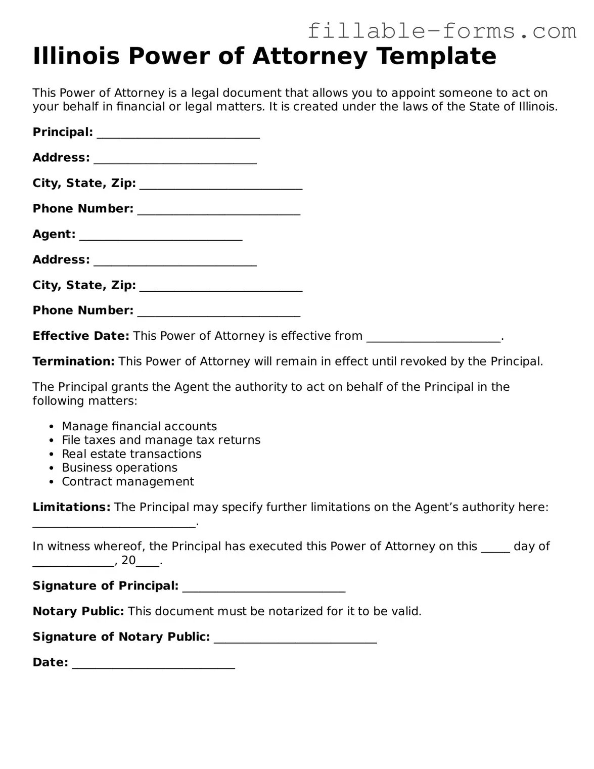 Printable  Power of Attorney Form for Illinois
