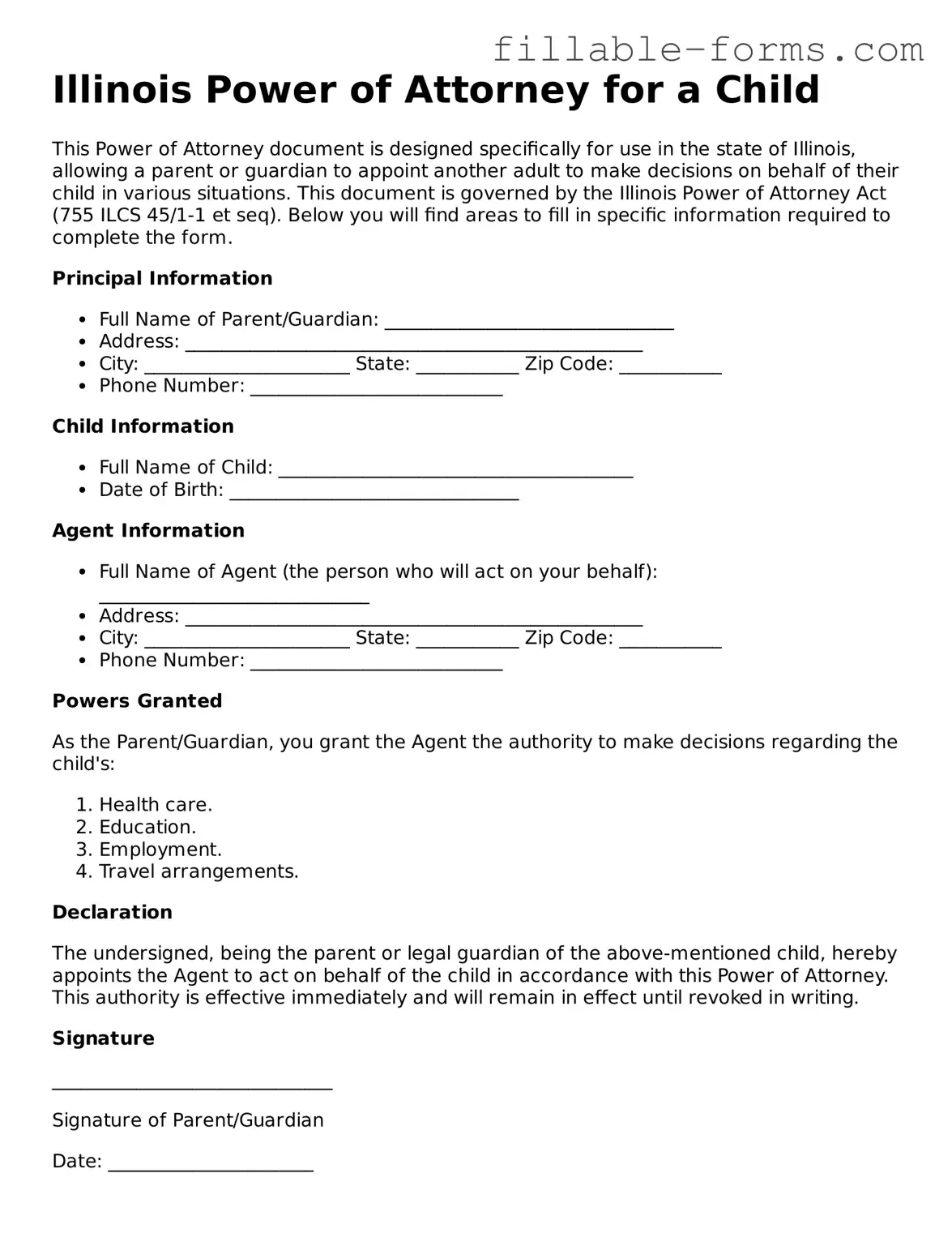Printable  Power of Attorney for a Child Form for Illinois