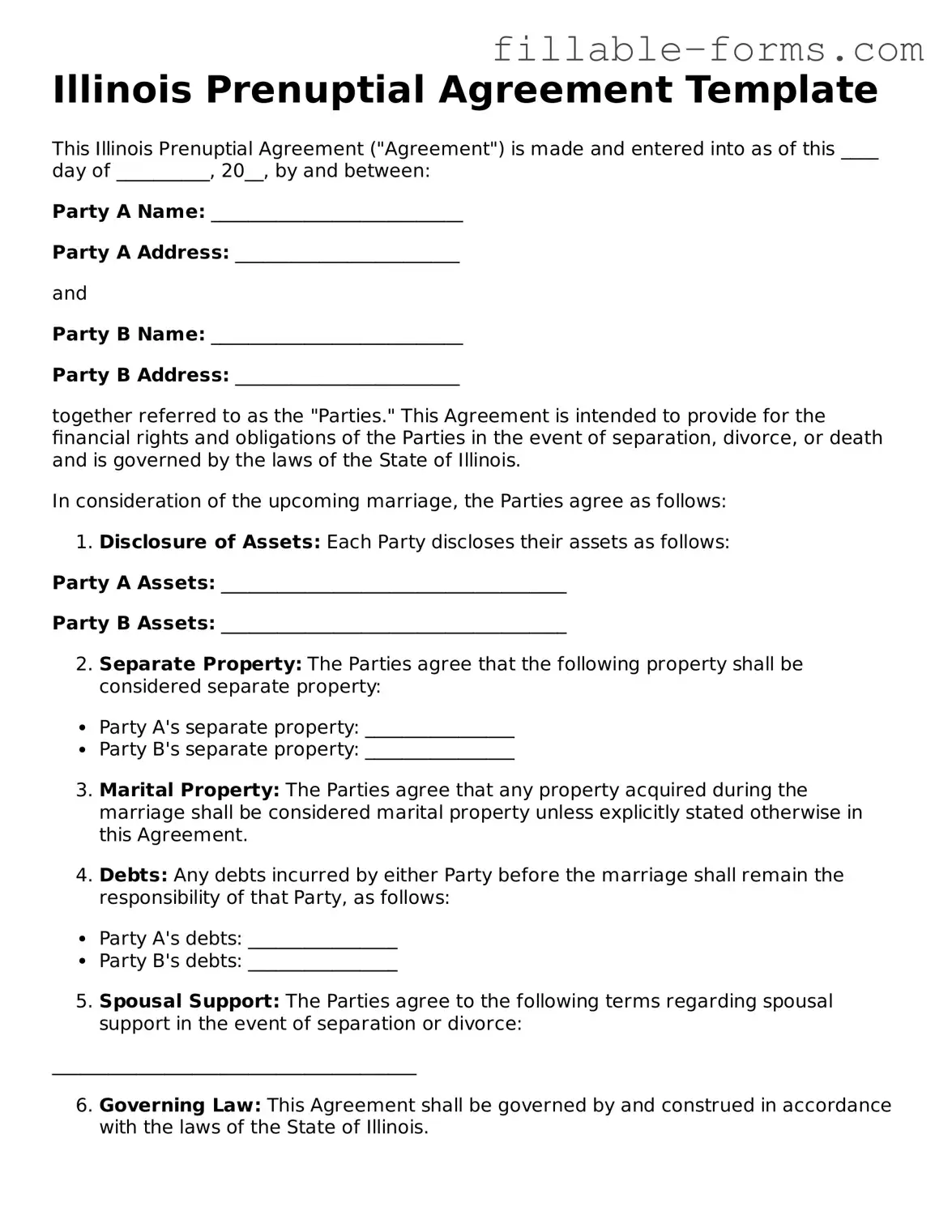 Printable  Prenuptial Agreement Form for Illinois