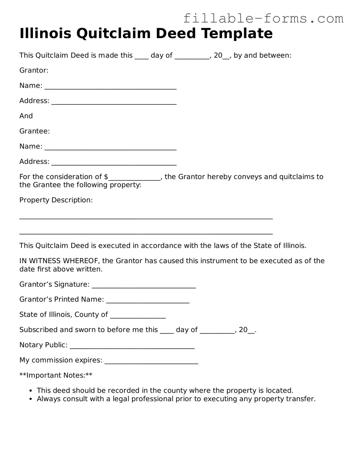 Printable  Quitclaim Deed Form for Illinois