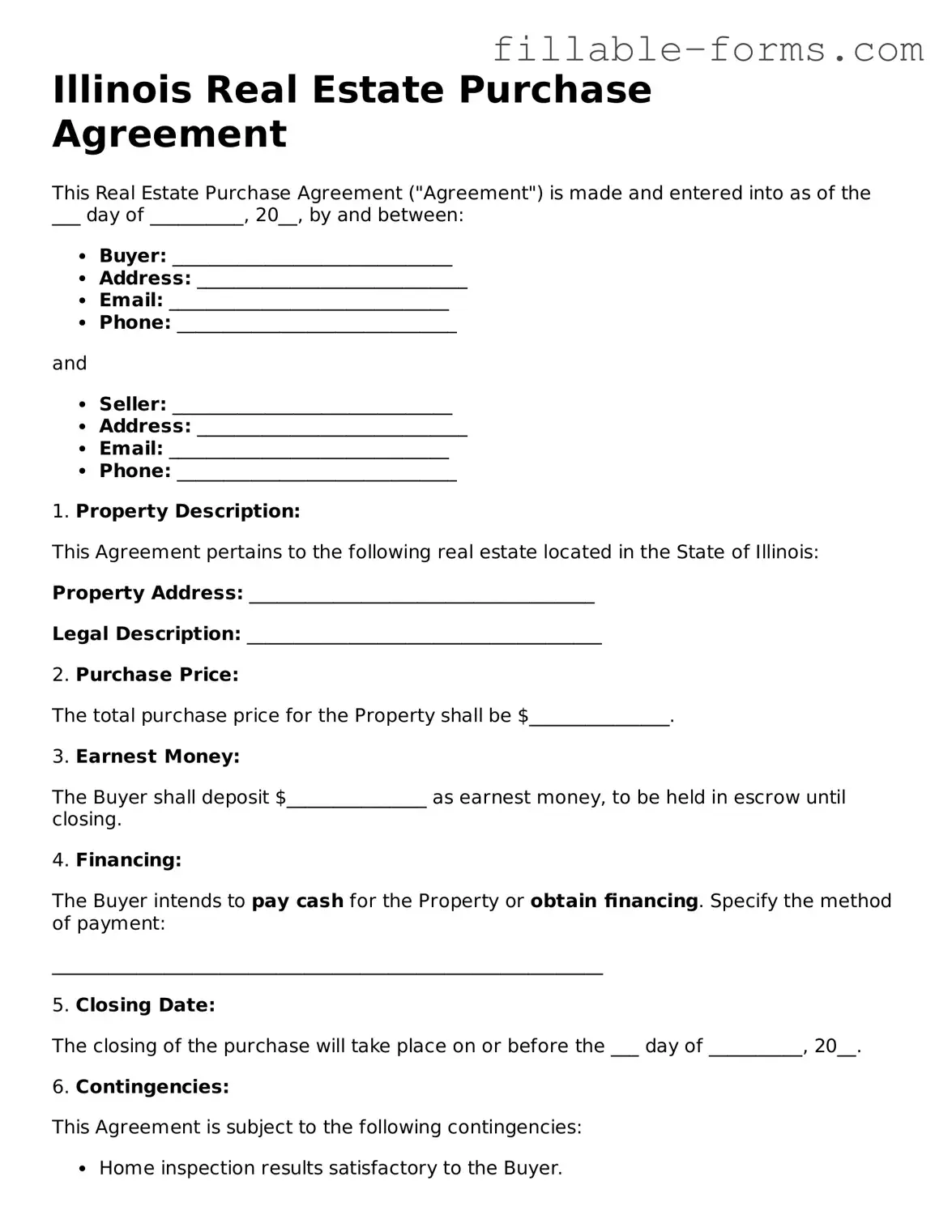 Printable  Real Estate Purchase Agreement Form for Illinois