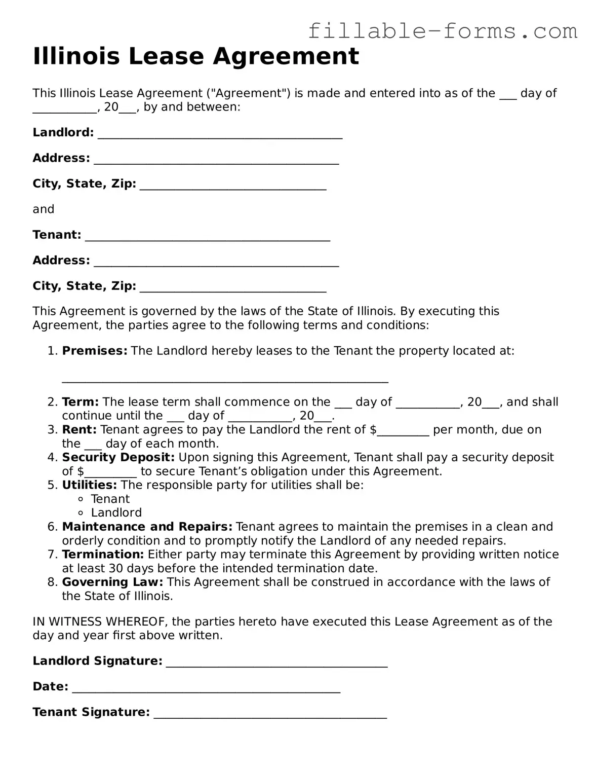 Printable  Lease Agreement Form for Illinois