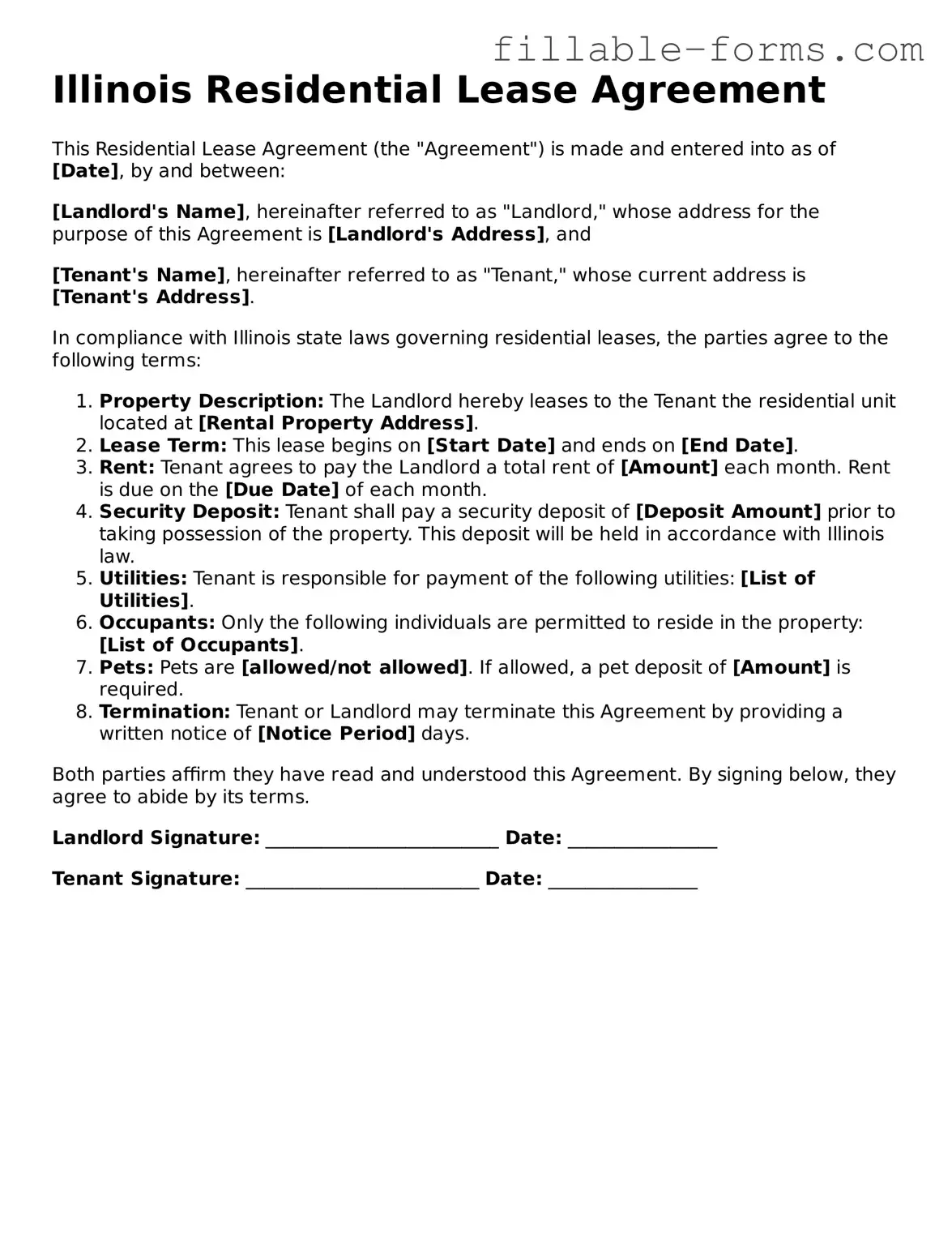 Printable  Residential Lease Agreement Form for Illinois