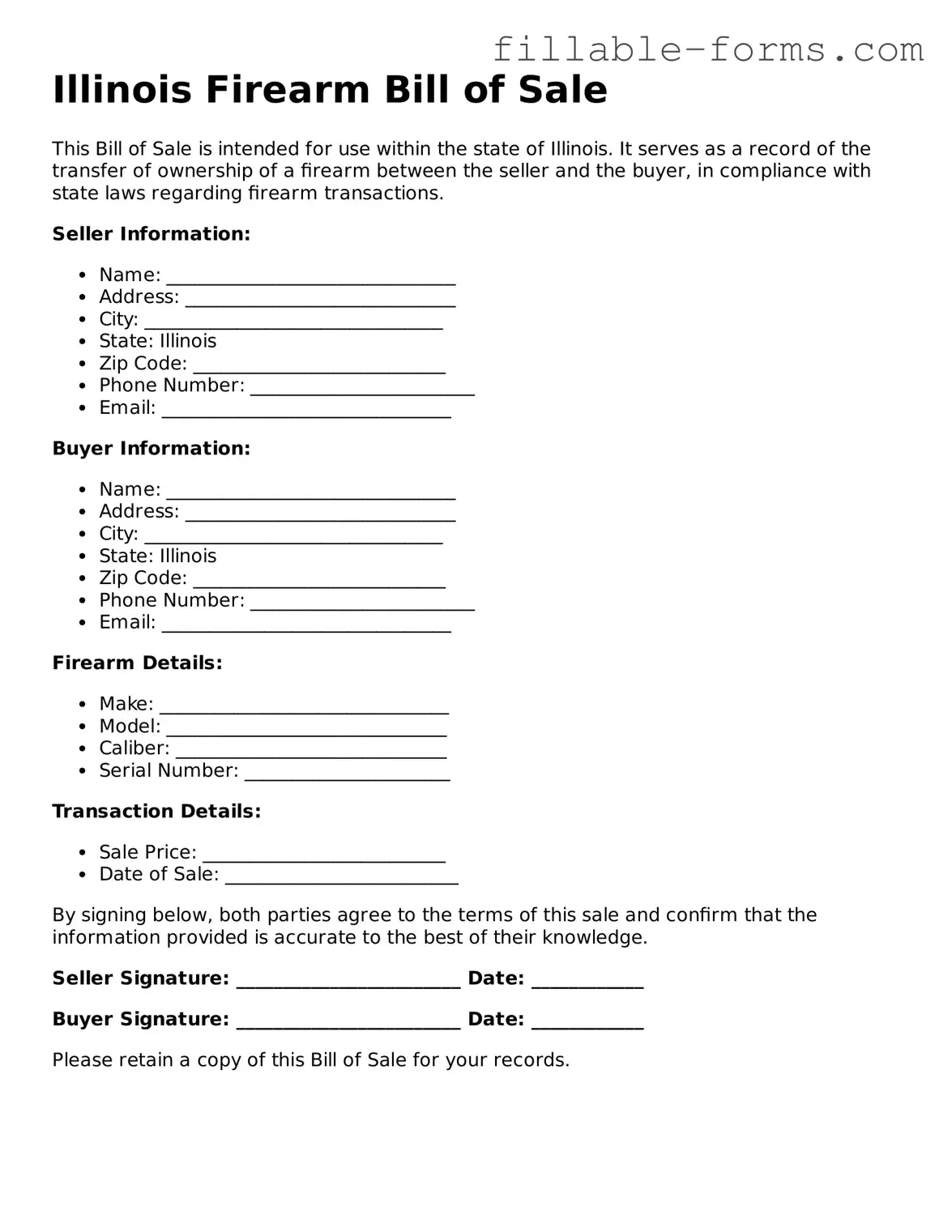 Printable  Firearm Bill of Sale Form for Illinois