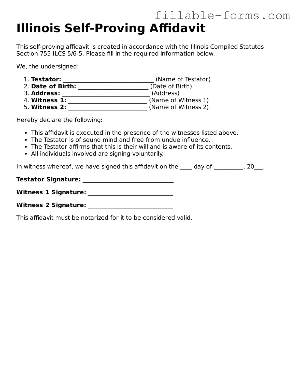 Printable  Self-Proving Affidavit Form for Illinois