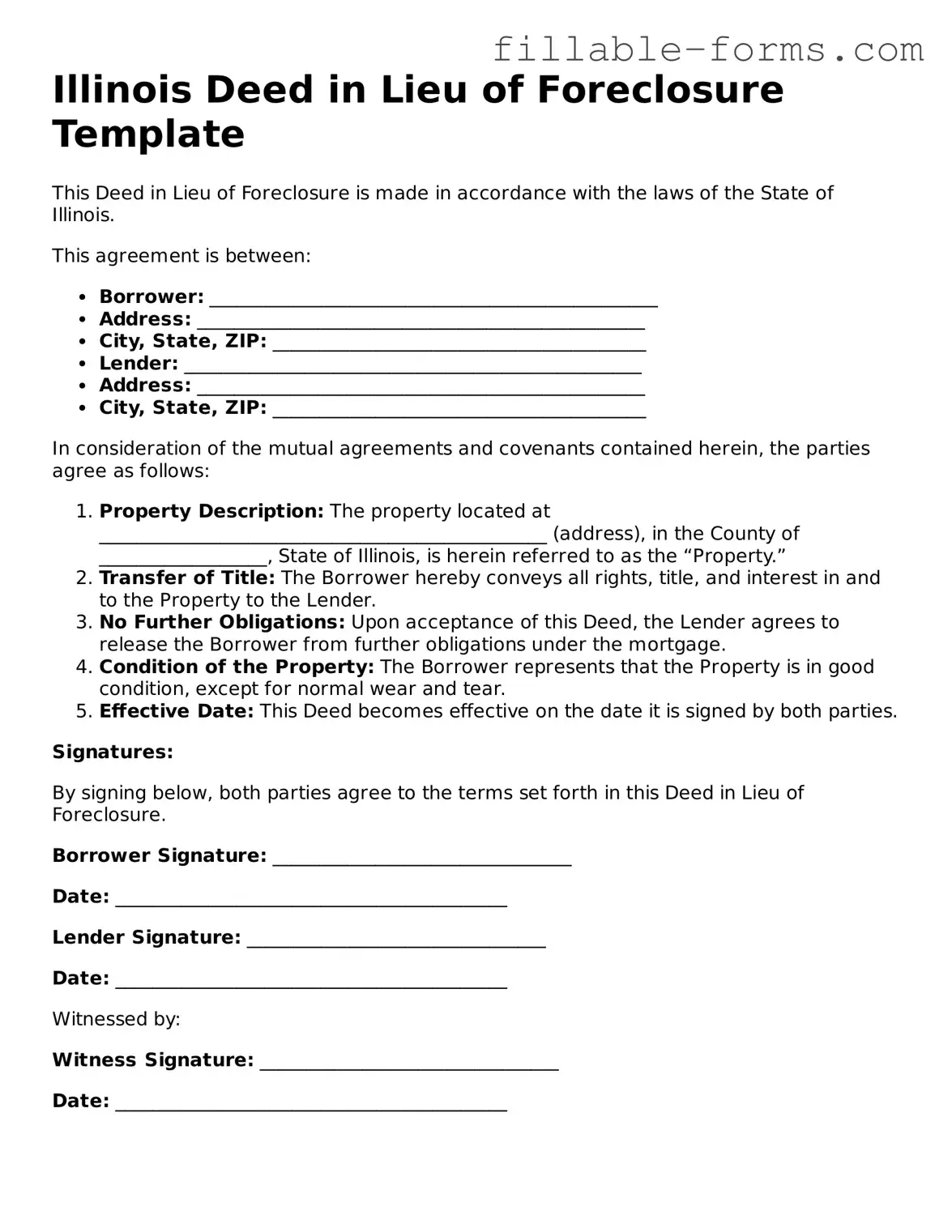 Printable  Deed in Lieu of Foreclosure Form for Illinois