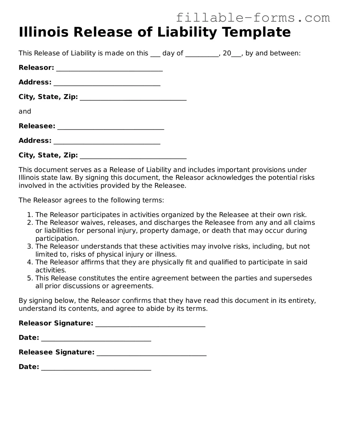Printable  Release of Liability Form for Illinois