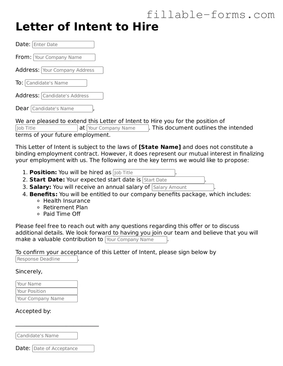 Printable Letter of Intent to Hire Form