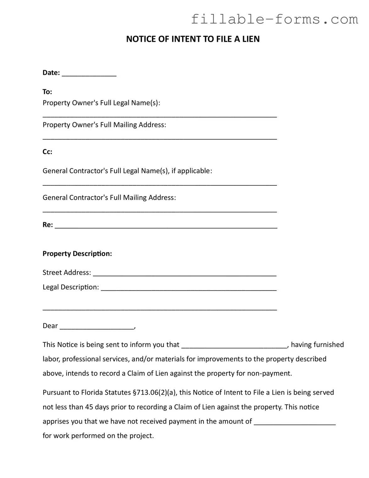 Fill Out a Valid Intent To Lien Florida Template