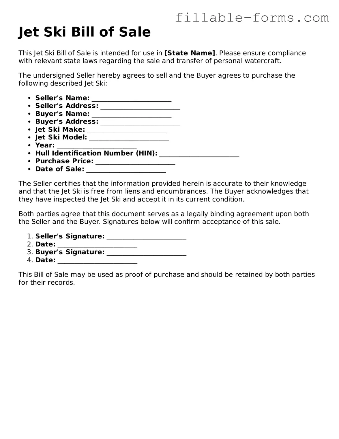 Printable Jet Ski Bill of Sale Form