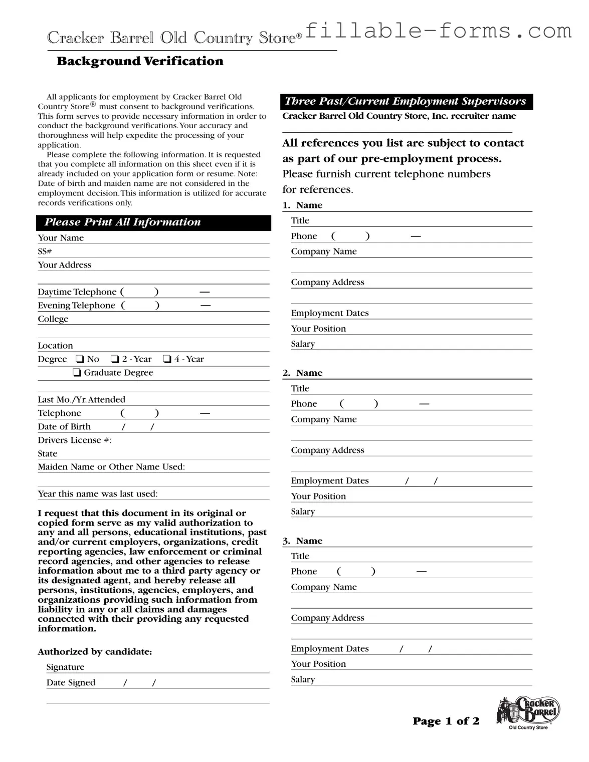 Fill Out a Valid Cracker Barrel Background Check Template