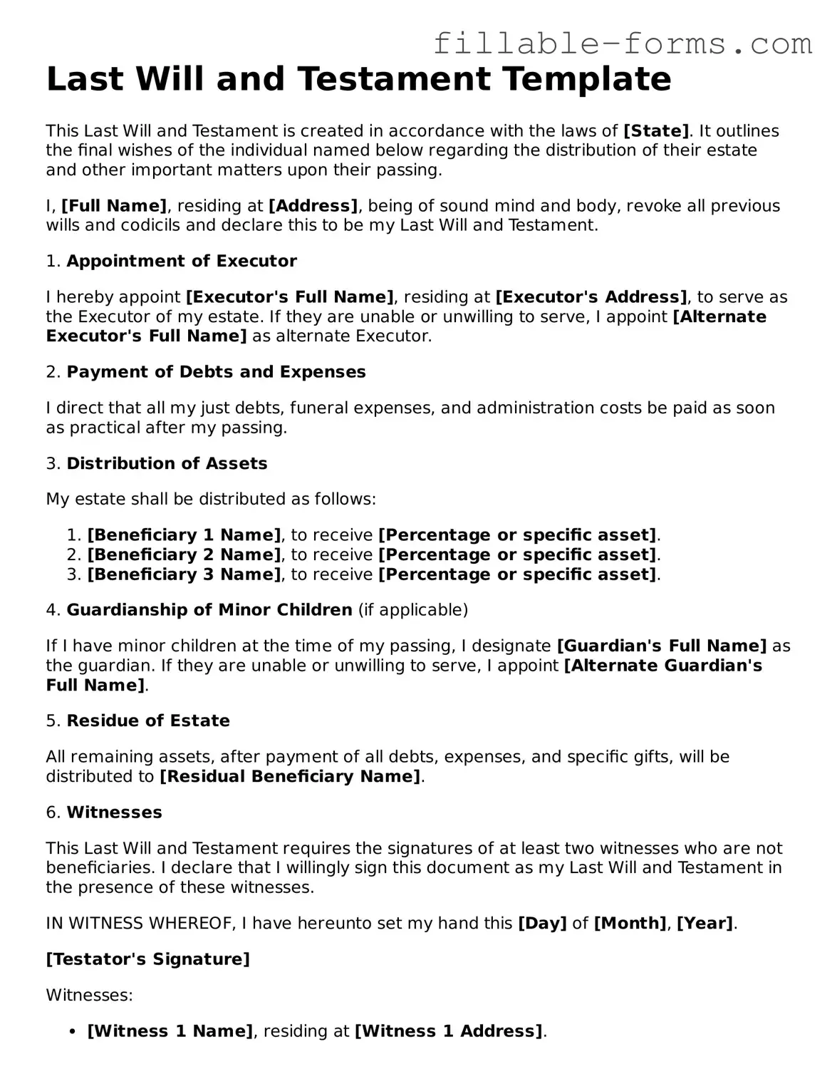 Printable Last Will and Testament Form