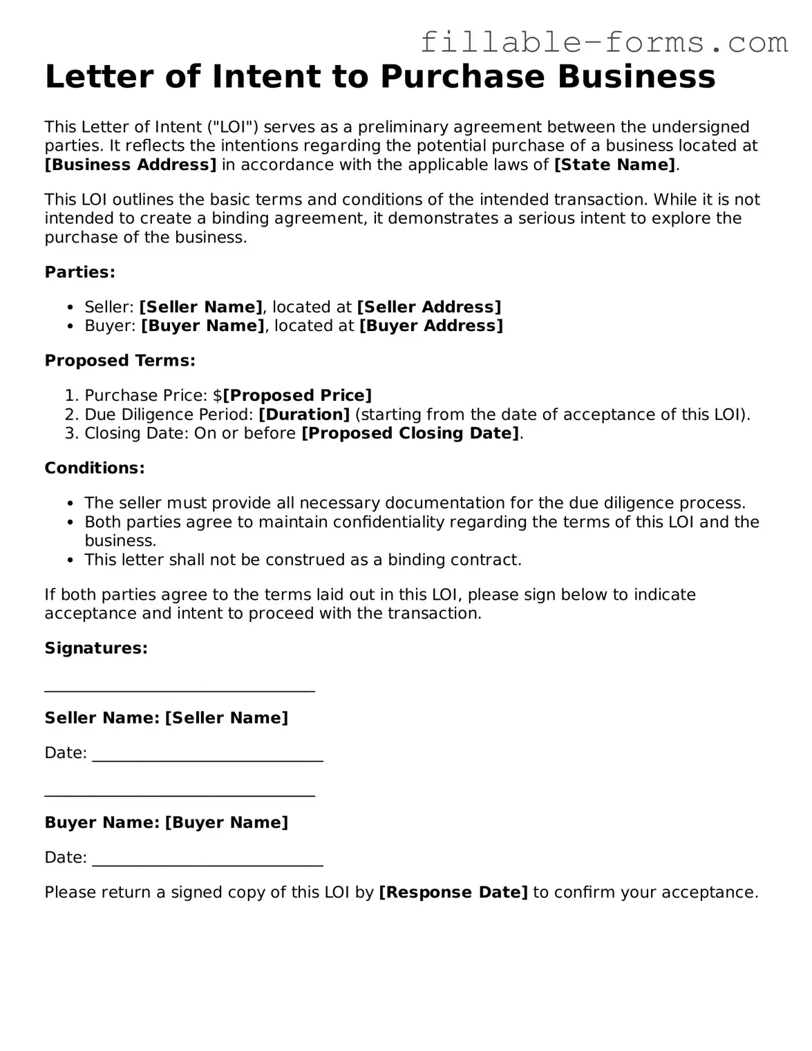 Printable Letter of Intent to Purchase Business Form