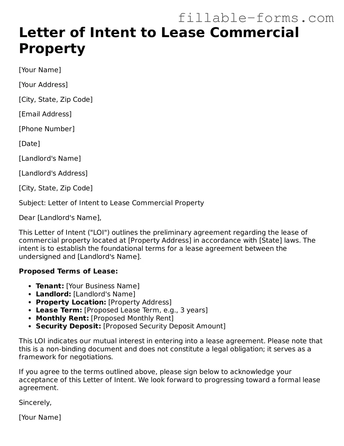 Printable Letter of Intent to Lease Commercial Property Form