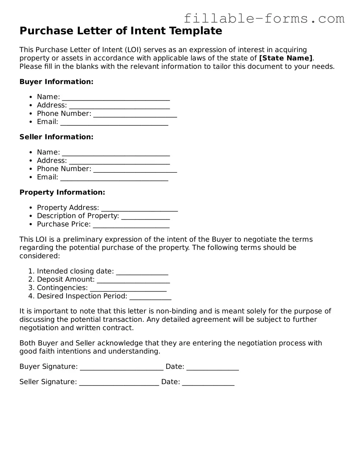 Printable Purchase Letter of Intent Form