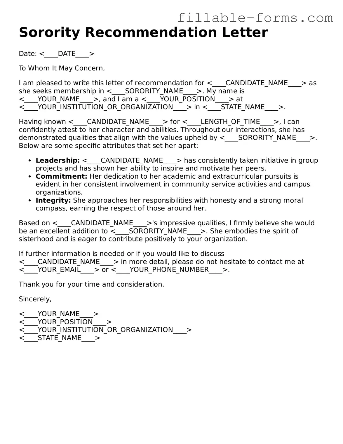 Printable Sorority Recommendation Letter Form