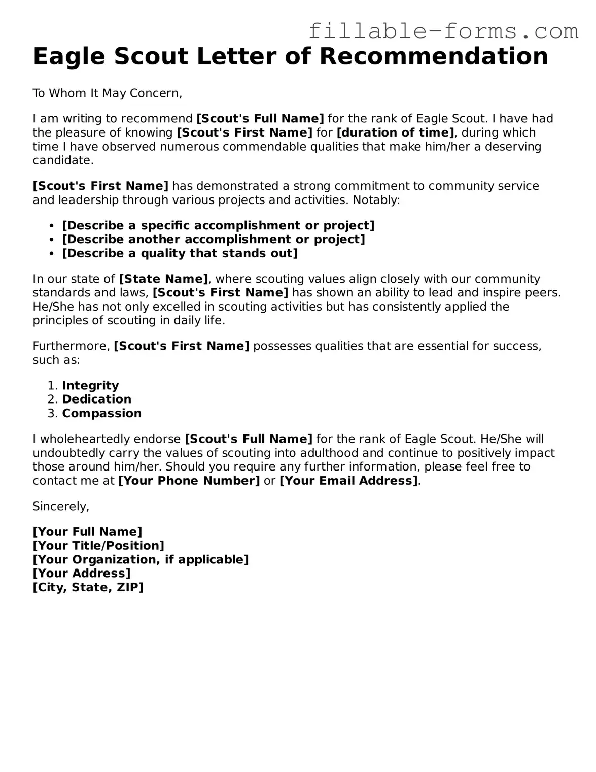 Printable Eagle Scout Letter of Recommendation Form