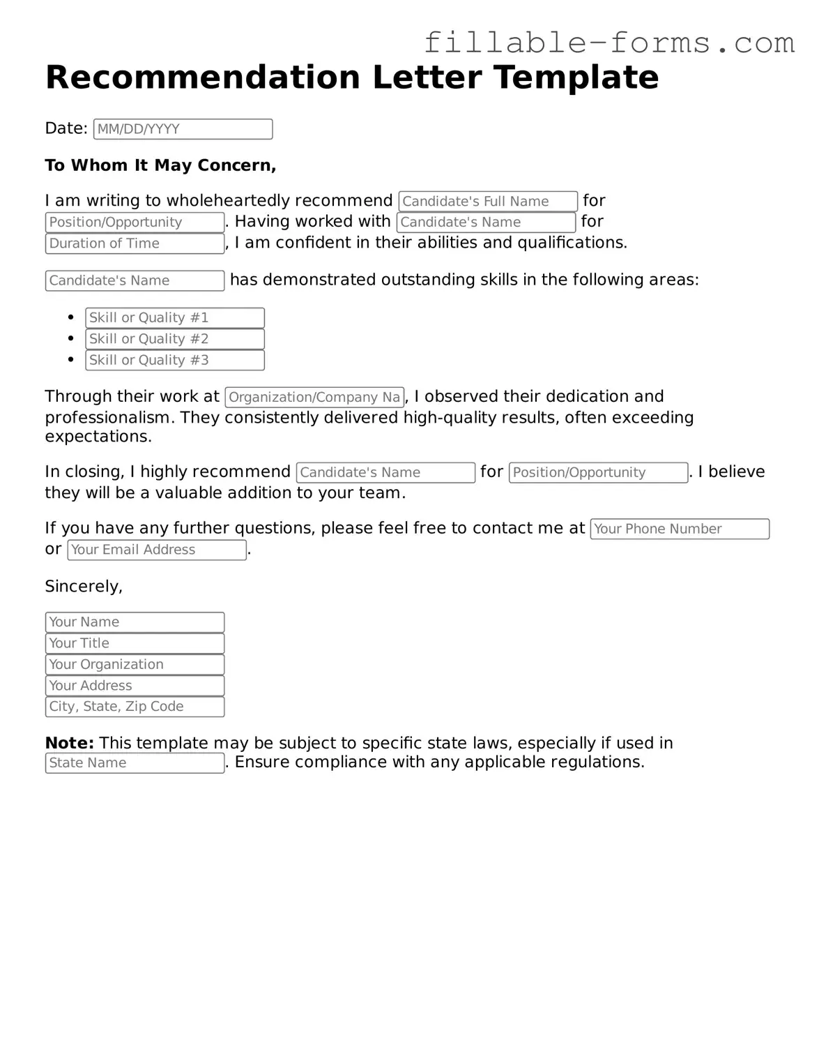 Printable Recommendation Letter Form