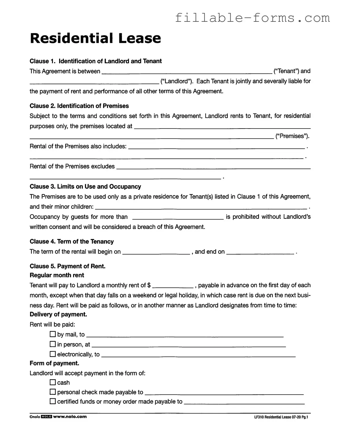 Fill Out a Valid Lf310 Residential Lease Template