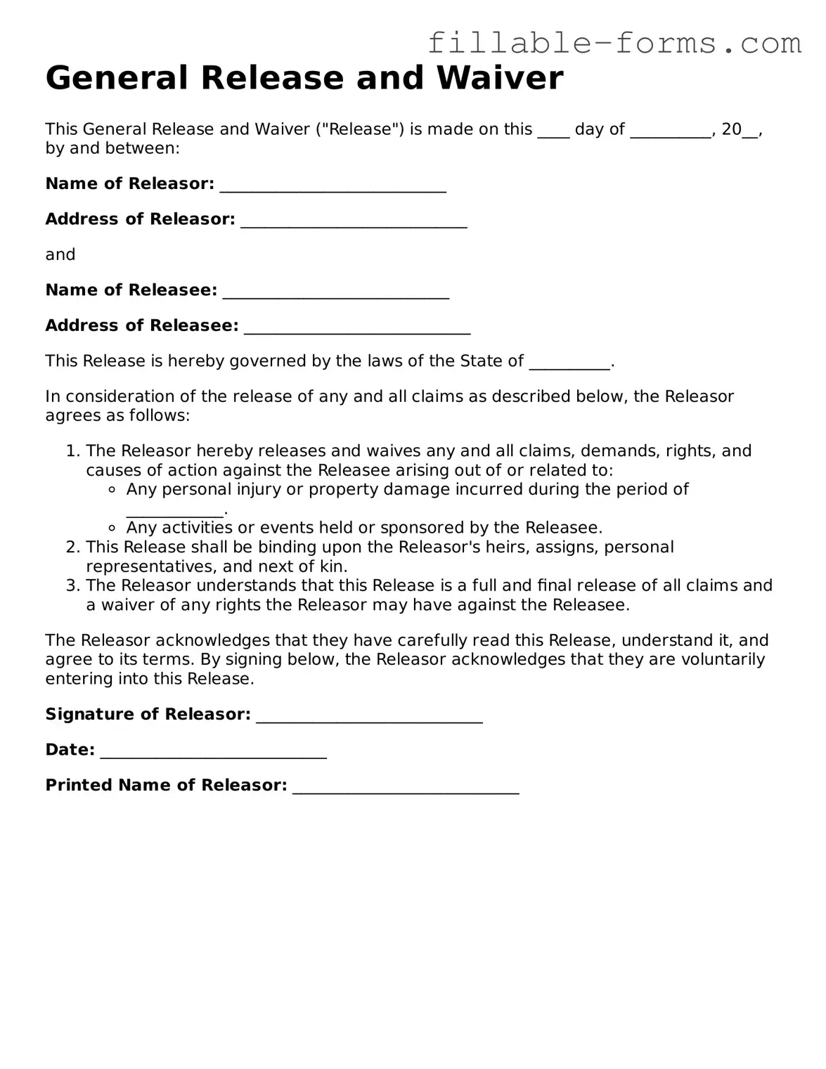 Printable General Release and Waiver Form