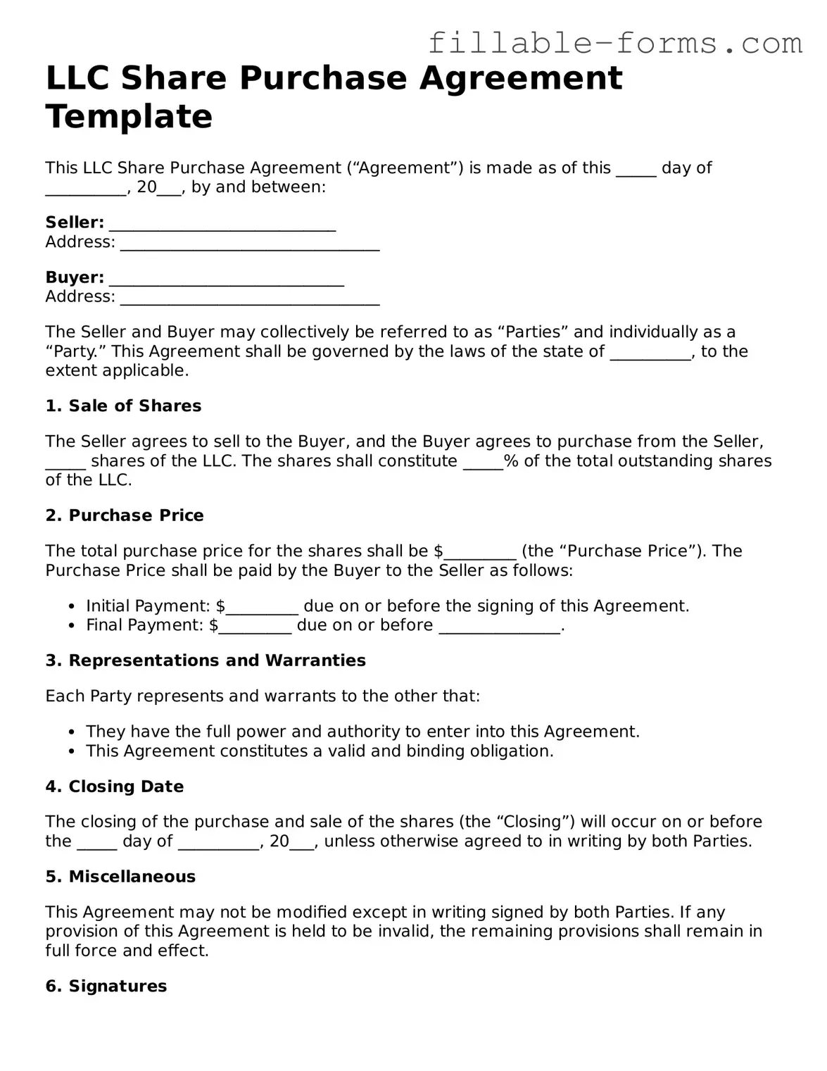 Printable LLC Share Purchase Agreement Form