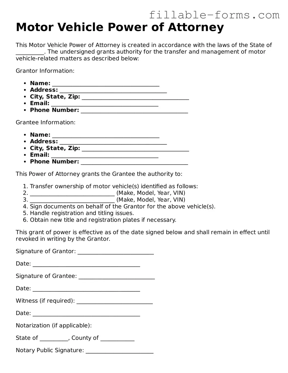 Printable Motor Vehicle Power of Attorney Form