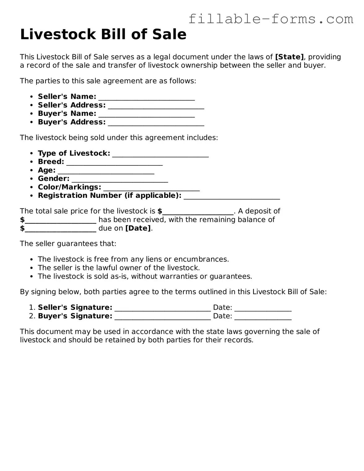 Printable Livestock Bill of Sale Form