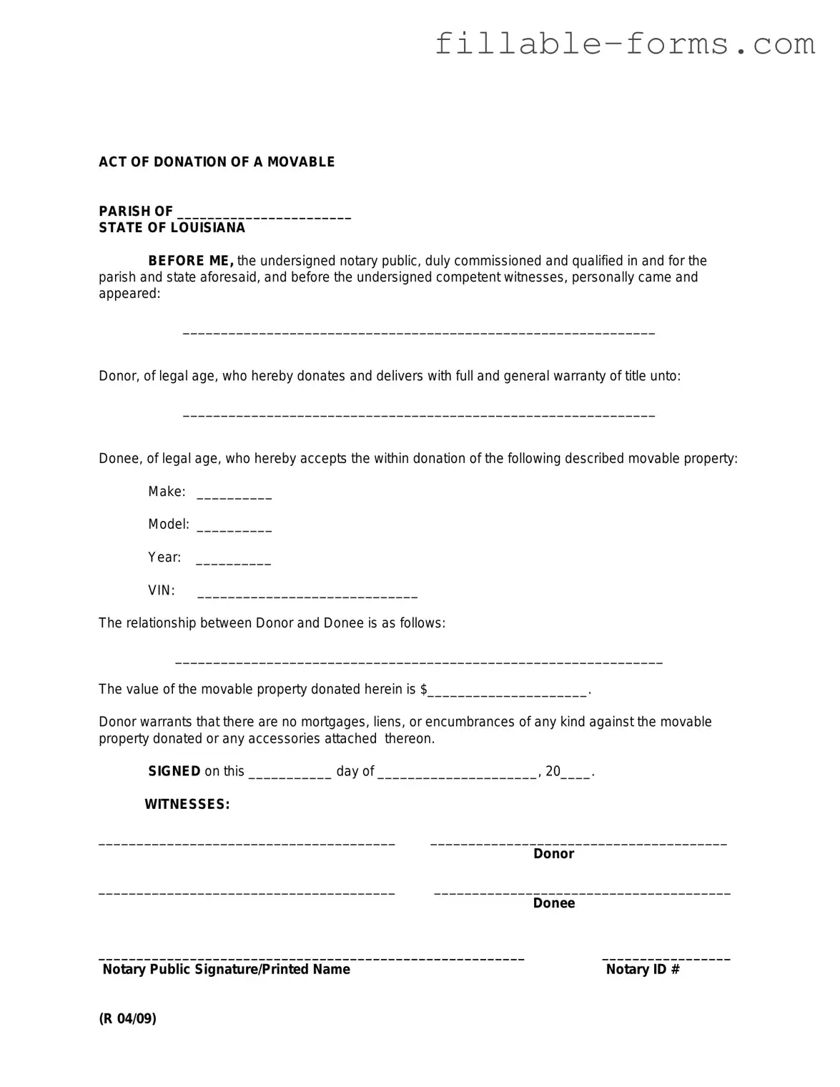 Fill Out a Valid Louisiana act of donation Template