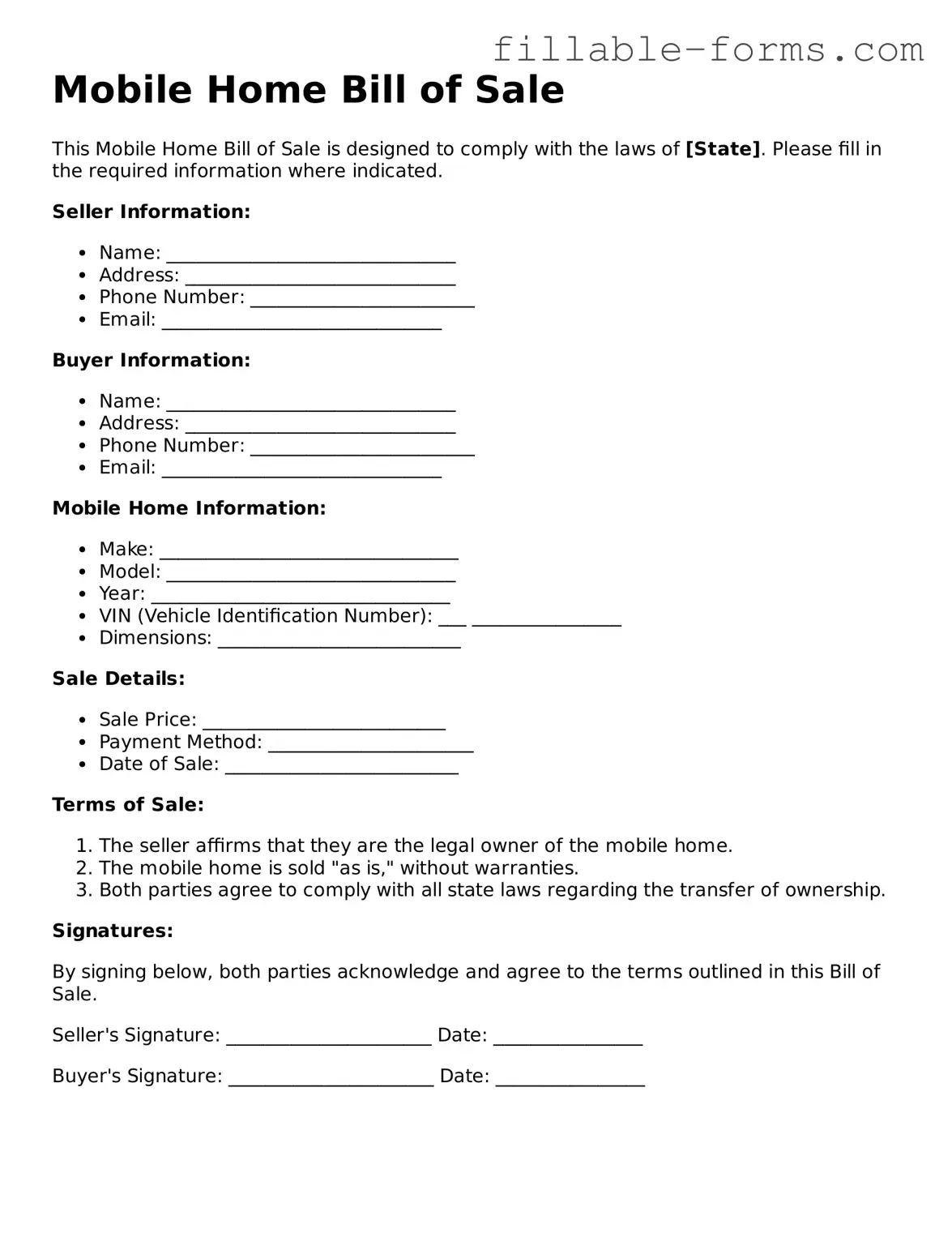 Printable Mobile Home Bill of Sale Form