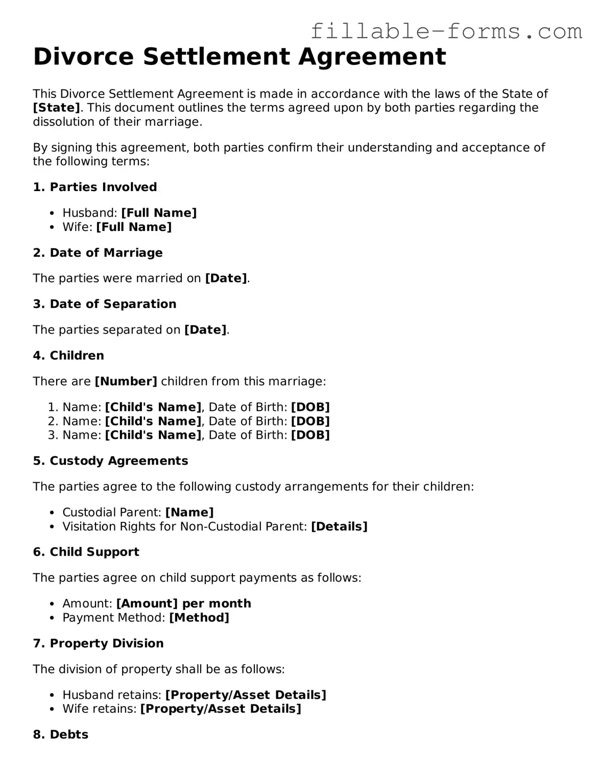 Printable Divorce Settlement Agreement Form