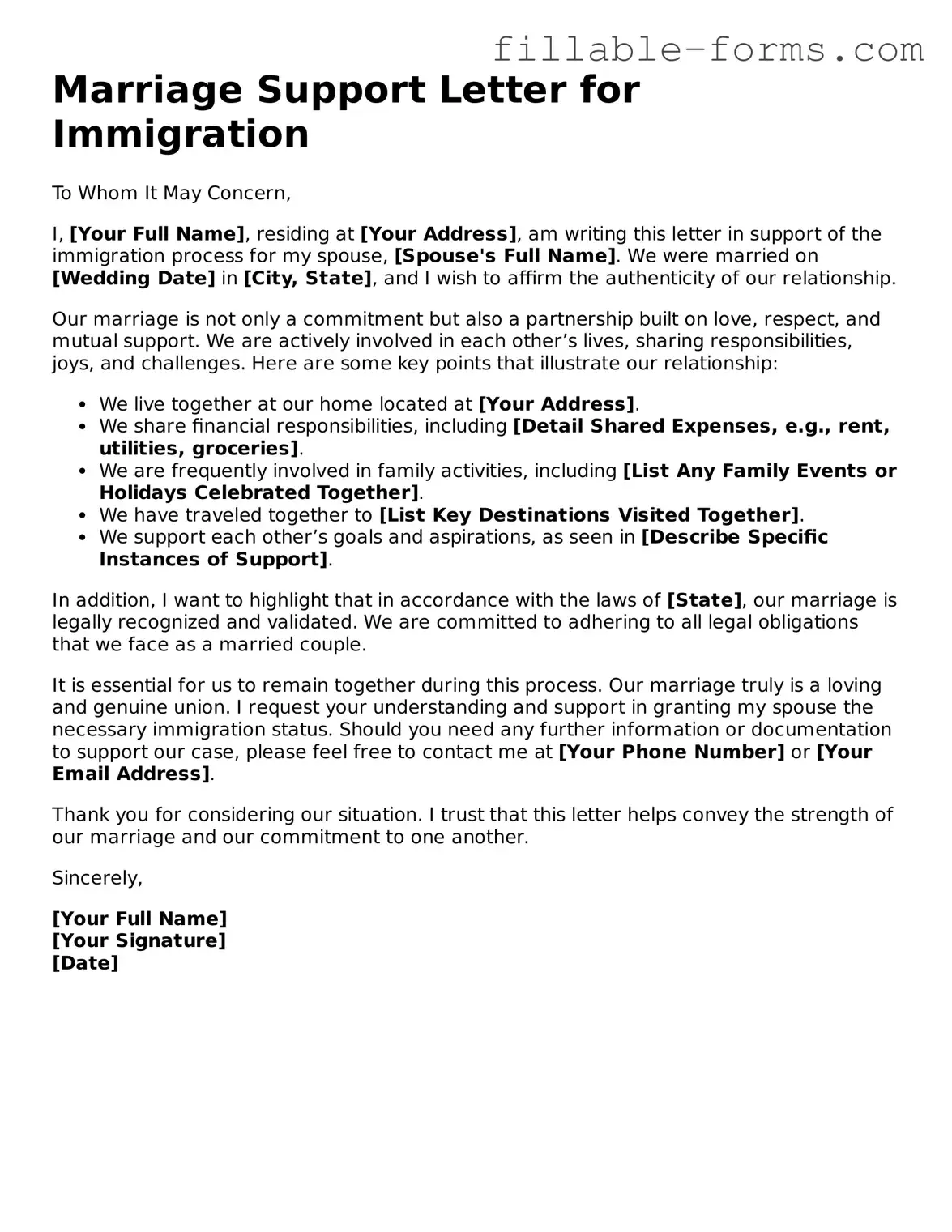 Printable Marriage Support Letter for Immigration Form