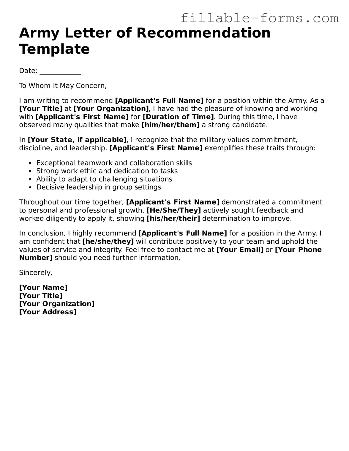 Printable Army Letter of Recommendation Form