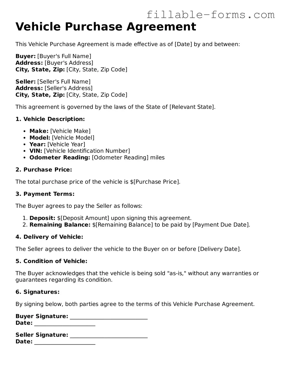 Printable Vehicle Purchase Agreement Form
