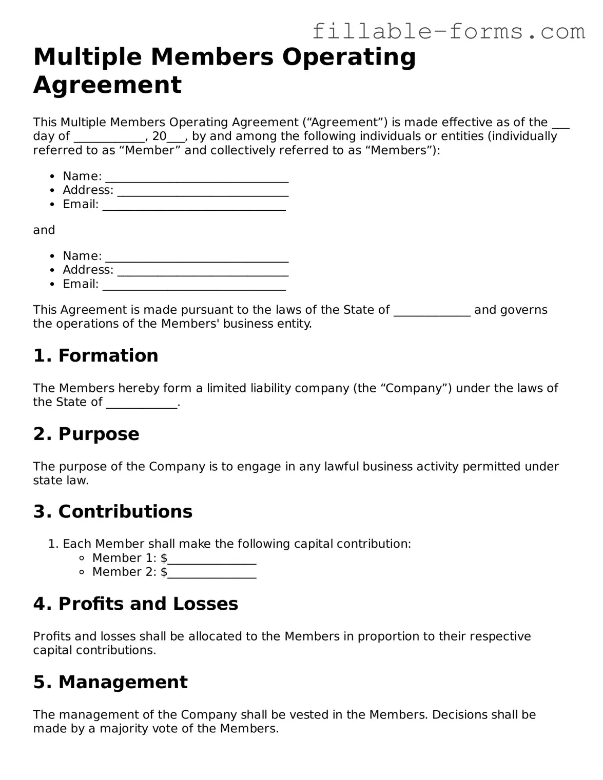 Printable Multiple Members Operating Agreement Form